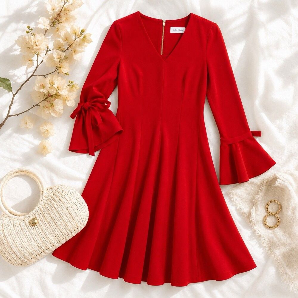 Calvin Klein Red Bow Sleeve Fit Flare Dress V Neck Pleated Cocktail Midi